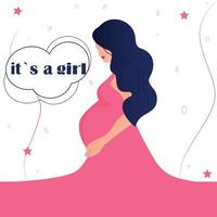 schwangeres brünettes mädchen in einem rosa kleid. Profil oder Porträt einer schwangeren Frau. Kind. Dies ist ein Mädchen. Ferien. Muttertag. Postkarte. Minimalismus. Poster. und Babyparty vektor