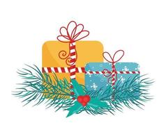 Geschenkbox im Cartoon-Stil mit gestreiften Bändern und roten Schleifen. eine reihe bunter boxen mit überraschungen. weihnachtliche gemütliche süße geschenke. dekorative Fichtenzweige und Beeren. Aufkleber und Druck vektor