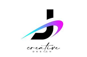 J-Buchstaben-Logo-Design mit kreativem lila-blauem Swoosh. Buchstabe j Anfangssymbol mit gebogenem Formvektor vektor