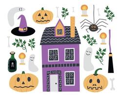 vektor halloween klistermärken uppsättning. söt halloween objekt i tecknad serie stil uppsättning. Land hus, kvast, häxa hatt, trolldryck, pumpa huvud och Spindel