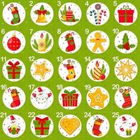 jul första advent kalender. nedräkning till jul. celler från 1 till 25. jul traditionell gåvor, godis, småkakor, ljus, strumpor. hälsning kort, vinter- Semester dekoration. vektor illustration