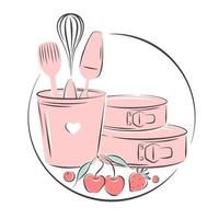 Konditorei-Logo. werkzeugsatz für die herstellung von gebäck, keksen und kuchen. Süßwarenwerkzeuge und verschiedene Beeren. Vektor-Illustration vektor