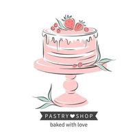 Kuchen und Beeren auf Sockel. Konditorei-Logo. vektorillustration für menü, rezeptbuch, backshop, café, restaurant. vektor