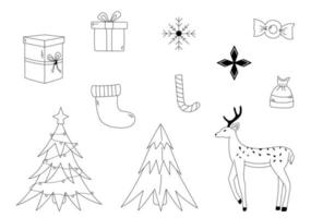 samling av jul översikt doodles. uppsättning av hand dragen jul träd, rådjur, gåvor, godis, snöflingor. ny år vektor illustration