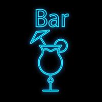 hell leuchtendes blaues Neonschild für ein Café-Bar-Restaurant-Pub schön glänzend mit einem alkoholischen Cocktail mit einem Strohhalm in einem Glas auf schwarzem Hintergrund. Vektor-Illustration vektor