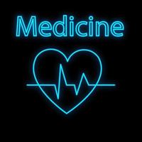 ljus lysande blå medicinsk vetenskaplig digital neon tecken för en apotek Lagra eller sjukhus laboratorium. skön skinande hjärta med en puls på en svart bakgrund. vektor illustration