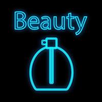 flaska fylld med doftande ljuv kropp parfym. parfym av blå Färg, neon på en svart bakgrund. ikon för skönhet bar och parfymörer. vektor illustration