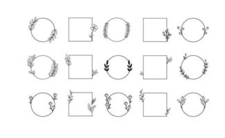 geometrische Blumenrahmen, Bordüren, Kränze, handgezeichnete Illustrationen. trendige linienzeichnung, linienkunststil mit zweigen und naturornamenten. vektor