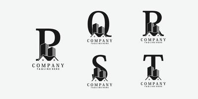 uppsättning av brev font pqrst logotyp design vektor med verklig egendom och byggnad ikon