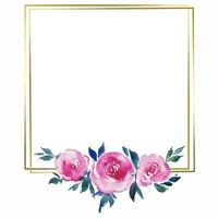 gyllene fyrkant ram med rosa rosor, blommig design, bröllop monogram, vattenfärg illustrationer vektor