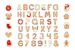 weihnachtslebkuchenplätzchen alphabet mit figuren. keksbuchstaben, zeichen für weihnachtsbotschaften und design. vektorillustration mit dekorationen. vektor