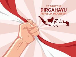 Plakatillustration des indonesischen Unabhängigkeitstaghintergrundes mit der Hand, die eine Flagge hält - Vektordesignkonzept vektor