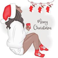 modern flicka på jul eve i en santa hatt, modern vektor illustration