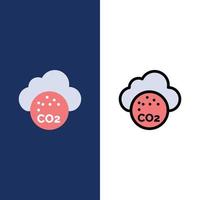 Luft Kohlendioxid CO2 Verschmutzung Symbole flach und Linie gefüllt Icon Set Vektor blauen Hintergrund