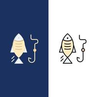 Fischen Angelhaken Jagd Symbole flach und Linie gefüllt Icon Set Vektor blauen Hintergrund