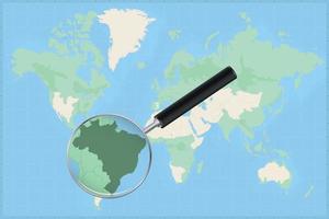 Weltkarte mit einer Lupe auf einer Karte von Brasilien. vektor
