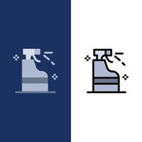 spray rengöring rengöringsmedel produkt ikoner platt och linje fylld ikon uppsättning vektor blå bakgrund