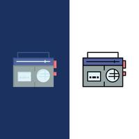 Band Radio Musikmedien Symbole flach und Linie gefüllt Icon Set Vektor blauen Hintergrund