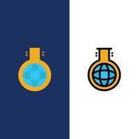 chemische flasche chemie experiment symbole flach und linie gefüllt icon set vektor blauen hintergrund