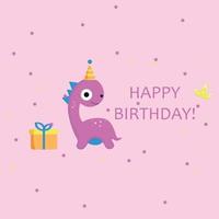 Geburtstagskarte mit einem Dinosaurier. Dinosaurier in Pink mit einem Geschenk und einer Mütze. vektor