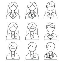 eine Reihe verschiedener Ärzte in Uniform. Mann, Frau im flachen Stil. Stillinie Medizin vektor