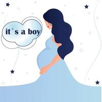Schwangeres brünettes Mädchen in einem blauen Kleid. Profil oder Porträt einer schwangeren Frau. Kind. dies ist ein Junge. Ferien. Muttertag. Postkarte. Minimalismus. Poster. und Babyparty vektor