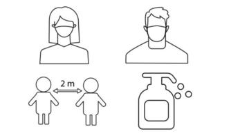 ikonische Bilder vom Tragen einer Maske, Händewaschen, Abstand. Infografiken. Coronavirus-Schutzkonzept, Covid 19. vektor