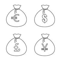 Geldbeutel mit Dollar, Euro, Yen, Pfund im Linienstil. Vektorbild, isoliert auf weißem Hintergrund vektor