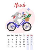Kalender März 2023. Der Hase fährt Fahrrad. flache vektorillustration. vektor