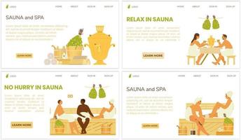 Sauna- und Spa-Webseitenvorlagen festgelegt. illustrationen von menschen in der sauna, trinken tee aus samowar, entspannen. Saunazubehör. flaches Vektordesign. vektor
