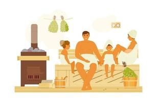 familj med två barn i bastu eller banya med en massa av ånga. badhus interiör med trä- bänk, värmare, hinkar, björk kvastar. platt vektor illustration.