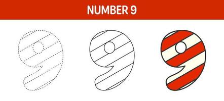 nummer 9 zuckerstange, verfolgungs- und farbarbeitsblatt für kinder vektor