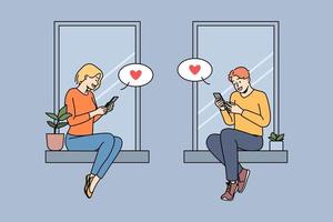par Sammanträde på fönsterkarmar textning uppkopplad på mobiltelefoner. man och kvinna i kärlek meddelande på internet på smartphones. webb dejta. vektor illustration.