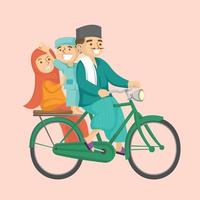 vektorillustration einer muslimischen familie, die im monat ramadan mit dem fahrrad zur moschee für tarawih fährt vektor