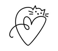 söt ett linje vektor katt med hjärta logotyp. minimalistisk katt i abstrakt hand dragen stil, minimalistisk ett linje teckning. härlig sällskapsdjur. abstrakt minimal stil