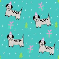 abstrakt glad jul tid klotter illustration, sömlös mönster med hundar i hatt, present, snösjöar och xmas träd på turkos bakgrund, tryck för dekoration, barn mode, interiör design vektor