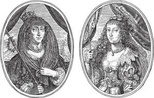 porträts von elisabeth stuart und louisa juliana, beide als schäferin, vintage illustration. vektor