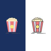 popcorn teater film mellanmål ikoner platt och linje fylld ikon uppsättning vektor blå bakgrund