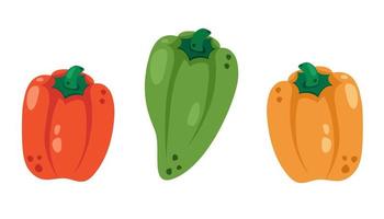 uppsättning av hela röd, grön och gul paprika. färsk mogen paprika. friska organisk grönsaker. vektor illustration för friska livsstil, Bra näring, vegetarian