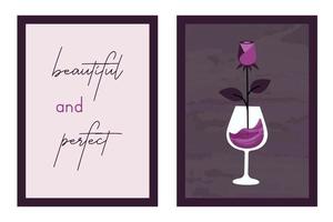 minimalistische moderne Kompositionen und Schriftzüge. satz eleganter trendiger karten mit einem glas wein und einer schönen rose. vektorillustration für valentinstag, geschenk, romantisches abendessen, hochzeit, dating vektor