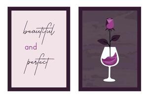 minimalistisk modern kompositioner och text. uppsättning av elegant trendig kort med glas av vin och skön reste sig. vektor illustration för hjärtans dag, gåva, romantisk middag, bröllop, dejting