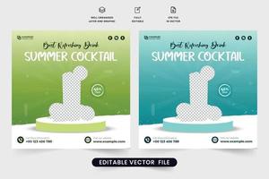 bester Cocktail-Social-Media-Post-Vektor mit grünen und blauen Farben. Bio-Cocktail- und Saftverkaufsvorlagendesign für digitales Marketing. Sommergetränke-Werbeplakatvektor mit Bürsteneffekt. vektor