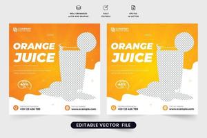 Orangensaft-Werbebanner-Design für Restaurants und Cafés. Getränkeverkaufsvorlagenvektor für Social Media Marketing. orangensaftverkaufsrabattschablonendesign mit abstrakten formen. vektor