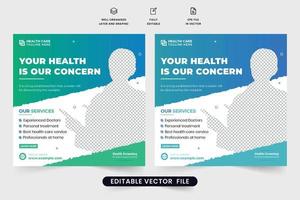 spezielle medizinische behandlung social media post design für marketing. Web-Banner-Design zur Förderung des klinischen Gesundheitswesens mit grünen und blauen Farben. Plakatvektor für die Behandlung von Krankenhausärzten. vektor