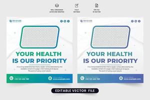 kreativer medizinischer Service Social Media Post Vektor mit grünen und blauen Farben. Design von Werbeplakaten für spezielle Krankenhausbehandlungen für das Marketing. Werbevorlagenvektor für Gesundheitsdienste.