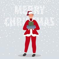 glücklicher Mann mit Weihnachtsgeschenken. mann, der in weihnachtsmann-kleidung auf schneehintergrund-konzept der frohen weihnachten trägt. Vektor-Illustration vektor