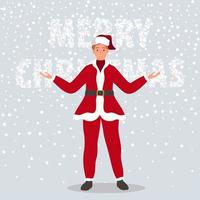 glücklicher mann, der in weihnachtsmannkleidung auf schneehintergrund trägt frohes weihnachtskonzept. Vektor-Illustration vektor
