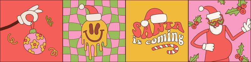 häftig hippie jul hälsning kort uppsättning. santa claus, handskar hand med jul träd leksak, leende emoji i trendig retro tecknad serie stil. Lycklig ny år affisch, skriva ut, inbjudan. vektor komisk design.