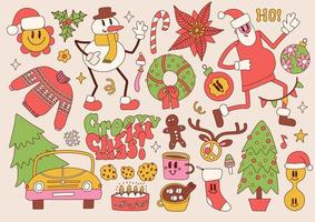 groovige hippie-weihnachtselemente und zeichensatz. weihnachtsmann, weihnachtsbaum, geschenke, lebkuchen, friedenszeichen, schneemann im trendigen retro-cartoon-stil der 70er 60er jahre. vektor hand gezeichnete konturillustration.