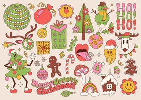 große reihe von frohen weihnachten groovigen retro-70er-elementen. groovige Hippie-Urlaubskollektion ClipArt. weihnachtsbaummaskottchen, weihnachtsbaum, emoji, geschenke, trendige objekte. vektor handgezeichnete illustration.
